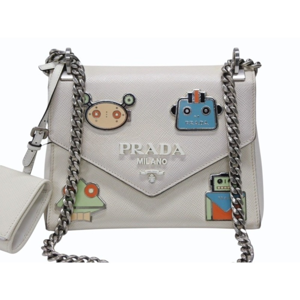 Prada Bag Chain Black Robot Shoulder Monochrome Saffiano White Leather - Picture 1 of 10